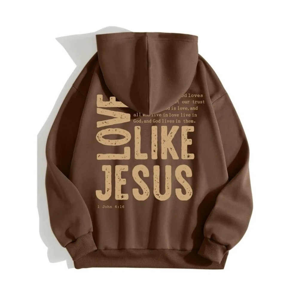 Brown Love Like Jesus Hoodie - women’s large - bible verse